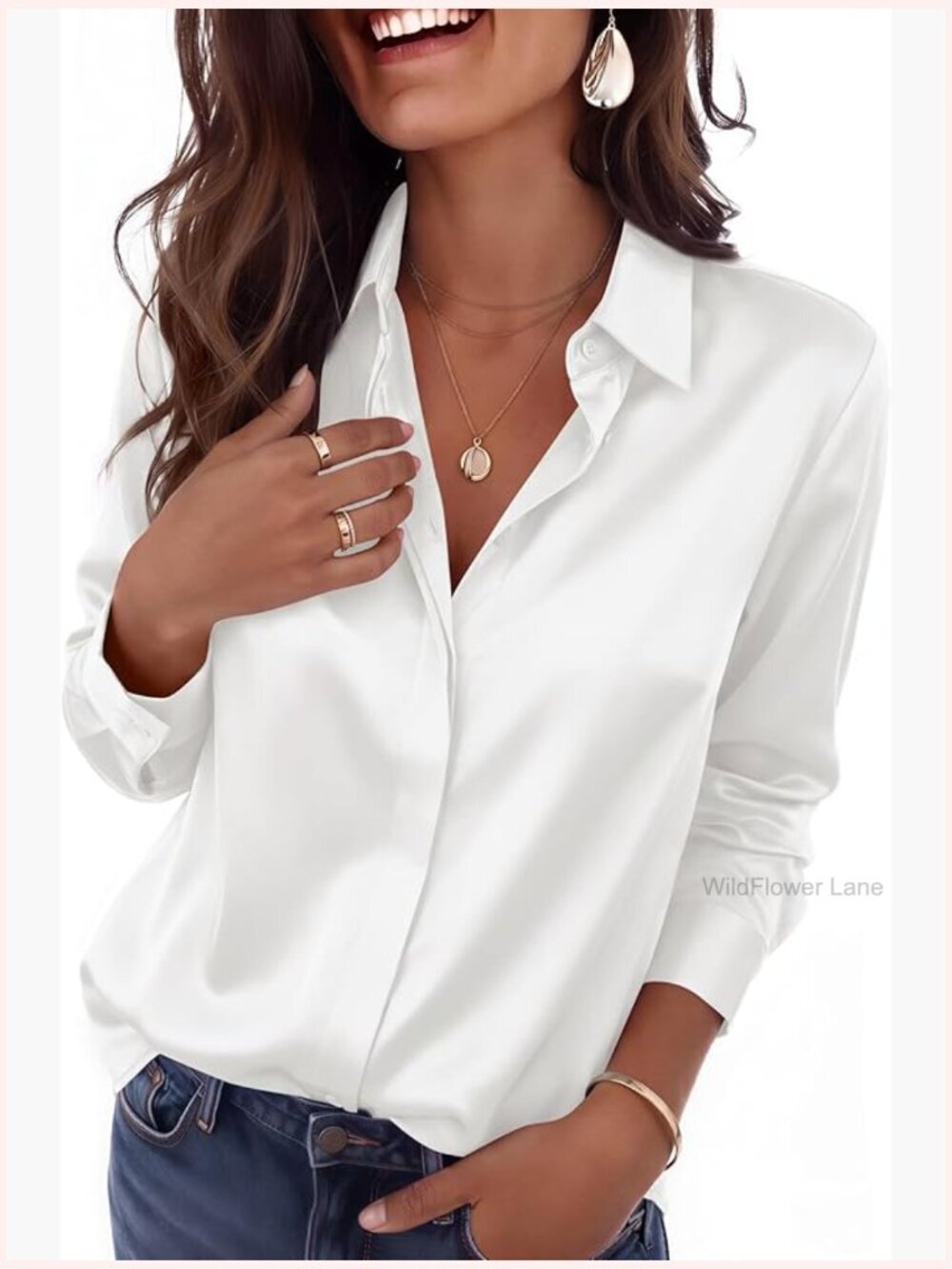 Satin Long Sleeve Button Down Blouse Dressy Work Tunic Top